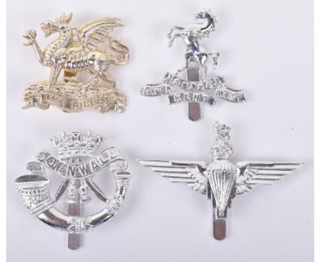 4x British Infantry Regiments Anodised Cap Badges, consisting of Duke of Cornwall’s Light Infantry with slider fitting by Fir