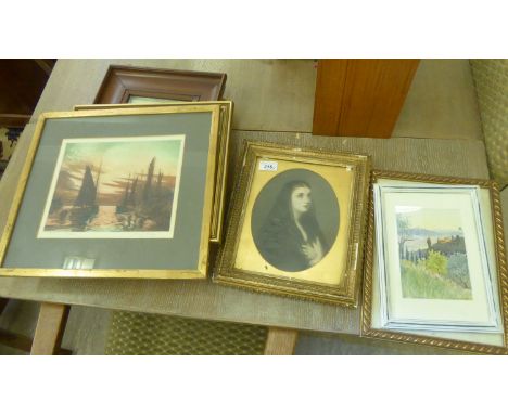 Seven framed pictures: to include a head and shoulders portrait, a young woman wearing a black veil  engraving  8.5'' x 7'' o