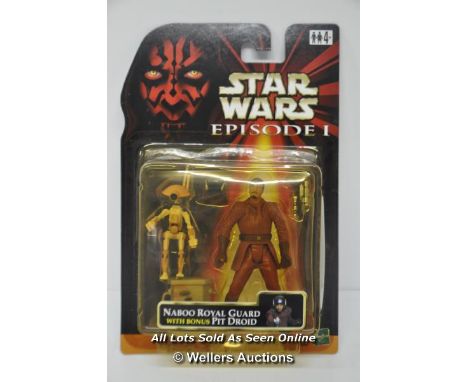 STAR WARS - EPISODE 1 , 3.75" FIGURE SET. NABOO ROYAL GUARD WITH PIT DROID (LIGHT BROWN) , HASBRO 1999, UN-OPENED, CARD IN GO