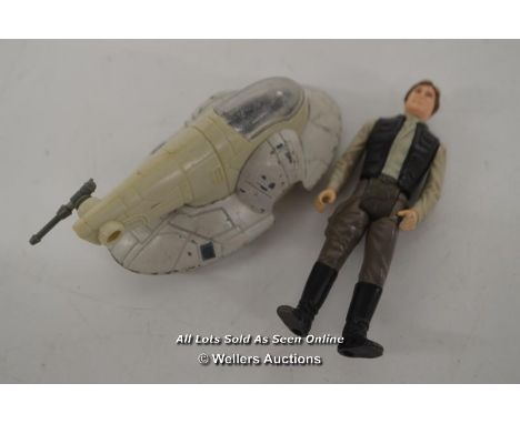 VINTAGE 1980 BOBA FETTS SLAVE 1 DIE-CAST MODEL - PARTS MISSING IN NEED OF RESORATION WITH KENNER 1983 HAN SOLO FIGURE 