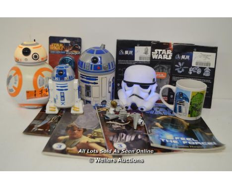 ASSORTED STAR WARS MERCHANDISE INCLUDING BB8 ALARM CLOCK, STORMTROOPER COLOUR CHANGING LIGHT, BOOKS, STEEL MODELS AND R2D2 TO