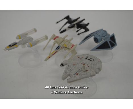 5X ASSORTED MATTEL HOTWHEELS STAR WARS SHIPS INCLUDING THE MILLENIUM FALCON AND TIE STRIKER 