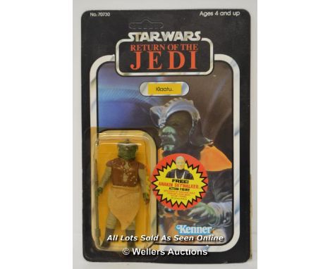 VINTAGE KENNER 1983 KLAATU ON 77 BACK CARD, AGE RELATED WARE, YELLOWING OF THE BUBBLE, "WAFFLE" EFFECT VISIBLE,  ANAKIN SKYWA