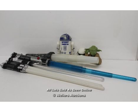 FIVE TOY LIGHTSABERS R2-D2 TOY - 20CM HIGH, YODA CUP TOP AND STORMTROOPER LIGHT