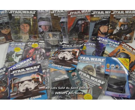 LARGE SELECTION OF STAR WARS HELMET COLLECTION MAGAZINES WITH TWO HELMET MODELS - BOBA FETT AND C-3P0 ALSO WITH A MILLENIUM F