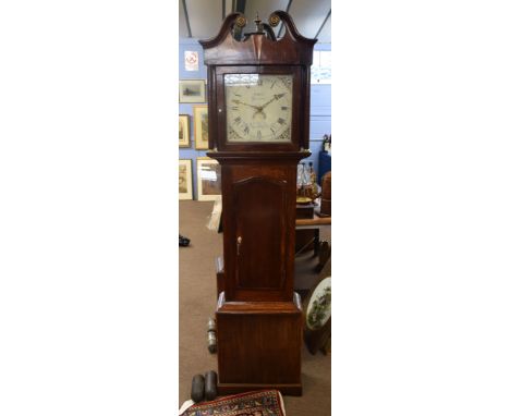 Oak and mahogany longcase clock^ W M Mills of Gloucester^ square dial with painted spandrels^ Roman chapter ring and separate