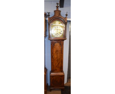 Mahogany longcase clock^ W Rust of Hull^ arched dial with circular Roman chapter ring^ secondary minutes and date dials^ inla