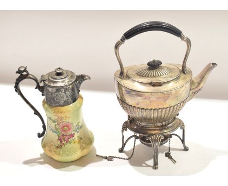 Silver plated half-fluted kettle on spirit warmer stand and silver plated mounted and pottery jug (Carlton ware)