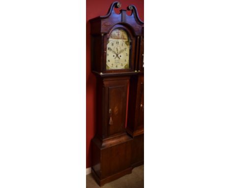 Composite oak cased 8-day longcase clock^ the arched hood with brass capped swan neck pediment over free-standing columns to 