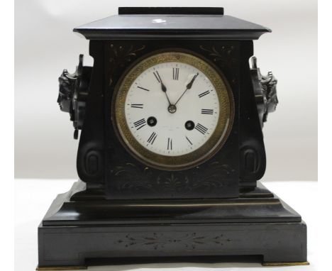 Victorian black marble mantel clock with enamel dial and circular Roman chapter ring^ flanked on either side by busts^ 26cm h