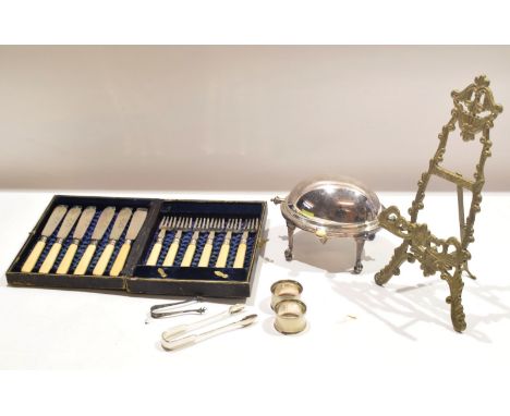 Silver plated small butter dish with domed cover^ cased set of silver plated fish knives and forks with bone handles^ two pla