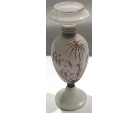Milk glass lamp with a painted floral design in puce^ 35cm high 
