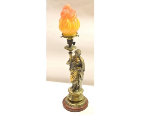 Ornate Victorian brass table lamp (now converted to electricity)^ the support in the form of a lady in neo-classical costume^