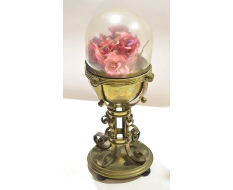 Victorian brass former table lamp stand^ now fitted with a glazed flower display^ 46cm high