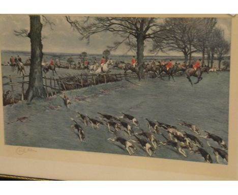 AFTER CECIL ALDEN "Hunt and Hounds over fields", colour print signed pencil lower left with artists blind studio stamp lower 