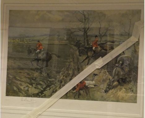AFTER LIONEL EDWARDS "Belvoir 1929" Hunt following at the jump, colour print, signed in pencil lower left, together with an a