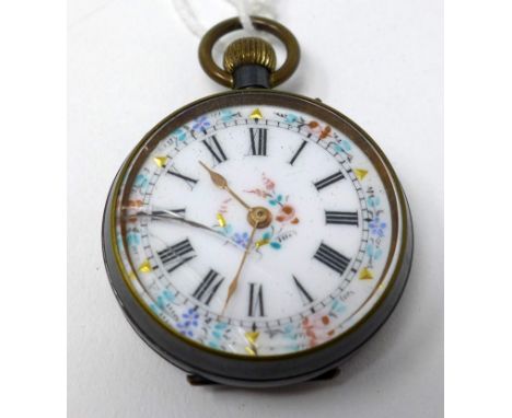 A small open face pocket watch, the enamel dial with floral decoration and Roman numerals 