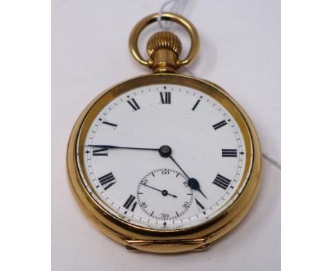 An Omega gold plated open face pocket watch, white enamel dial with Roman numerals, seconds subsidiary dial at 6, with Dennis