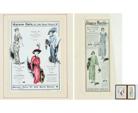 A Pair Of Framed Vintage Fashion Plates Two in total, each housed in plain dark wood frames with cream card interior mount. T