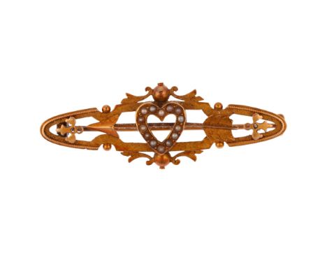 A Victorian 15ct gold split pearl heart and arrow openwork brooch, indistinct maker, Birmingham 1893, 42.2mm, 3.2gNo damage o