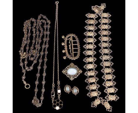 Various jewellery, including unmarked silver cameo fringe necklace, Georgian silver buckle, Folk Art wirework flowerhead neck