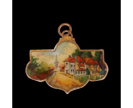 An early 20th century Swiss hand painted enamel street scene pendant, unmarked gilt-metal settings, pendant width 35.3mm, 8.9