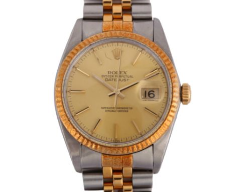 ROLEX - a bi-metal Oyster Perpetual Datejust automatic bracelet watch, ref. 16013, circa 1982, champagne dial with applied bl