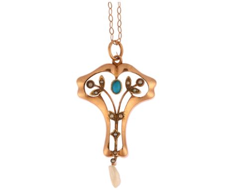 An Art Nouveau 9ct rose gold turquoise and pearl openwork drop pendant necklace, floral design with Baroque pearl drop, on 9c