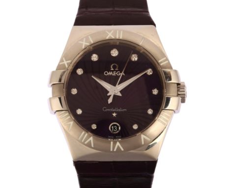 OMEGA - a stainless steel diamond Constellation quartz calendar wristwatch, ref. 123.13.35.60.60.001, purple supernova dial w