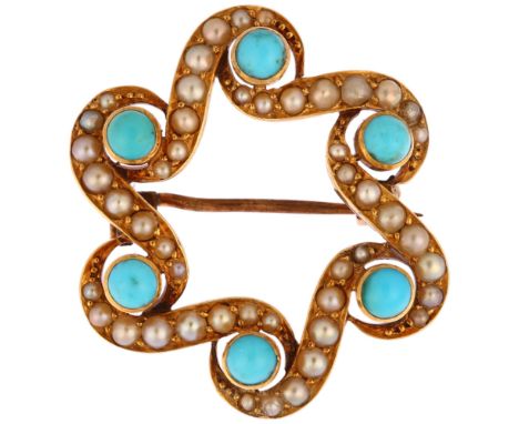 A Victorian turquoise and split pearl brooch, unmarked gold closed-back settings, brooch diameter 27.8mm, 4.7gNo damage or re