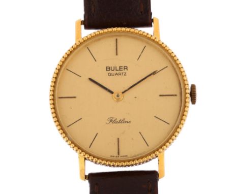 BULER - a Swiss 18ct gold Flatline quartz wristwatch, champagne dial with slimline baton hour markers and fluted bezel, case 