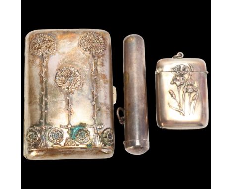 A cased Art Nouveau German 800 silver smoking set, comprising curved cigarette case, Vesta case and cheroot holder case, no m