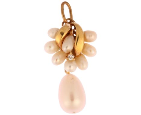A late 20th century cultured pearl and diamond drop pendant, unmarked gold settings, 35.6mm, 3.9gNo damage or repair, all sto