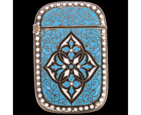 A Norwegian sterling silver-gilt polychrome enamel Vesta case, Marius Hammer, circa 1900, allover wirework and pellet blue an