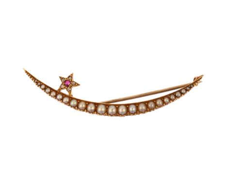 A large Victorian ruby pearl and diamond crescent moon and star brooch, circa 1900, unmarked gold settings, set with old-cut 