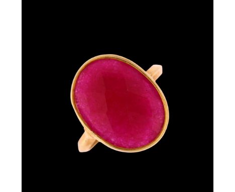 A modern ruby dress ring, unmarked silver-gilt settings with double rose-cut ruby, setting height 17.4mm, size O, 2.4gNo dama