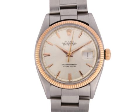 ROLEX - a bi-metal Oyster Perpetual Datejust automatic bracelet watch, ref. 1601, circa 1963, silvered dial with applied tape