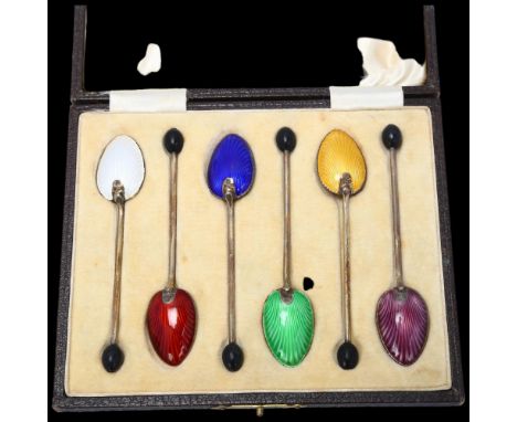 A set of 6 Art Deco George V silver and harlequin enamel bean-end coffee spoons, Barker Brothers, Birmingham 1933, 10cm, case