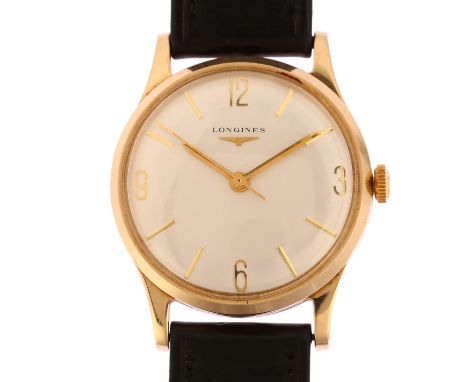 LONGINES - a 9ct gold mechanical wristwatch, ref. 13322, circa 1960s, silvered dial with applied gilt quarterly Arabic numera