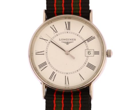 LONGINES - a stainless steel Presence quartz wristwatch, ref. L4.720.4, white dial with Roman numeral hour markers, sweep cen