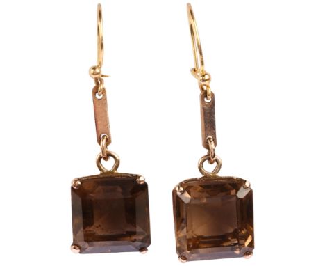 A pair of 9ct gold smoky quartz drop earrings, set with square step-cut quartz and shepherd hook fittings, earring height 39.