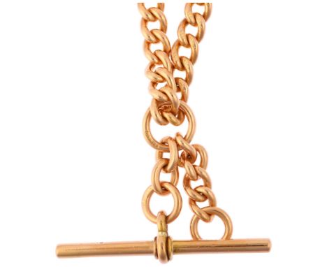 An early 20th century 15ct gold curb link Albert chain necklace, maker JE, Chester 1910, with 15ct bolt clasp, 15ct dog clip,
