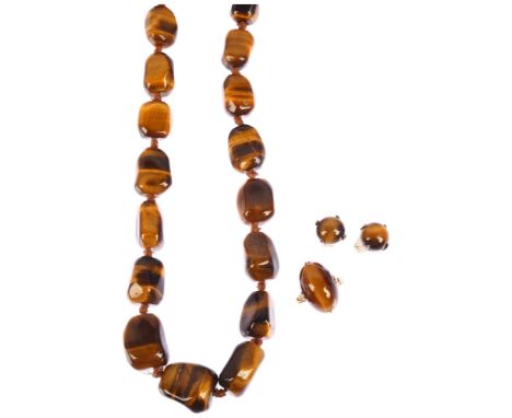 A tigers eye jewellery set, comprising necklace, 14k? gold ring, and pair of silver stud earrings, necklace 46cm, ring size N