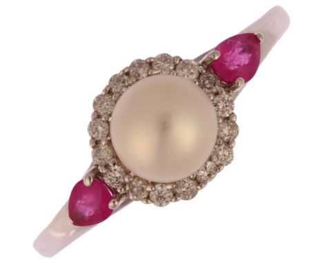 An 18ct white gold whole pearl ruby and diamond cluster ring, centrally set with 7mm pearl surrounded by row of modern round 