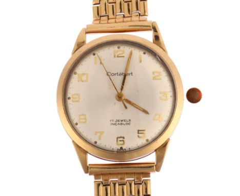 CORTEBERT - a Vintage 9ct gold mechanical bracelet watch, circa 1960s, silvered dial with applied gilt Arabic numerals, sweep