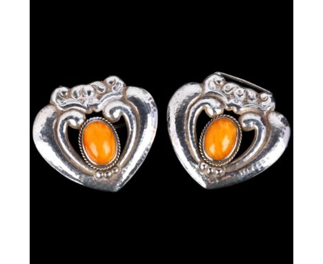 P ORSNES ENKE & SON - a large Art Nouveau Danish silver and butterscotch amber heart buckle, overall 9cm, 23.7gNo damage or r