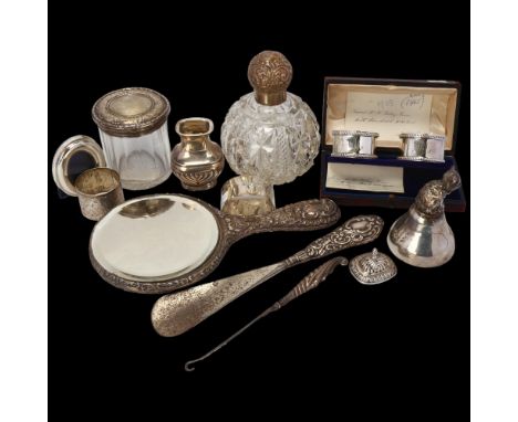 Various silver, including cat bell, dressing table perfume jar, dressing table hand mirror etcLot sold as seen unless specifi