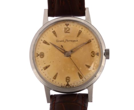GIRARD-PERREGAUX - a stainless steel mechanical wristwatch, circa 1970s, silvered dial with applied gilt quarterly Arabic and