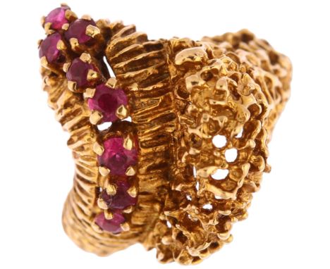 A late 20th century 9ct gold ruby organic abstract ring, maker HB, London 1970, setting height 21.1mm, size L, 7.2gNo damage 