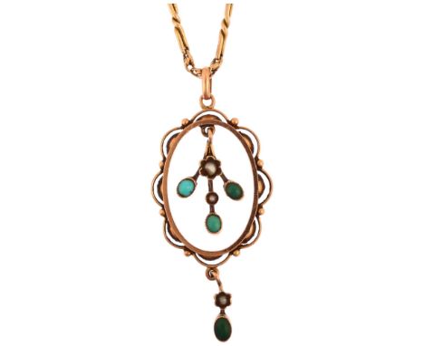 An Edwardian 9ct rose gold turquoise and pearl openwork pendant necklace, on 9ct fancy link chain, pendant 50mm, chain 42cm, 